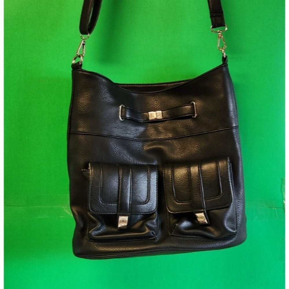 Cesca Charcoal Black Medium Faux Leather Crossbody Shoulder Handbag Purse